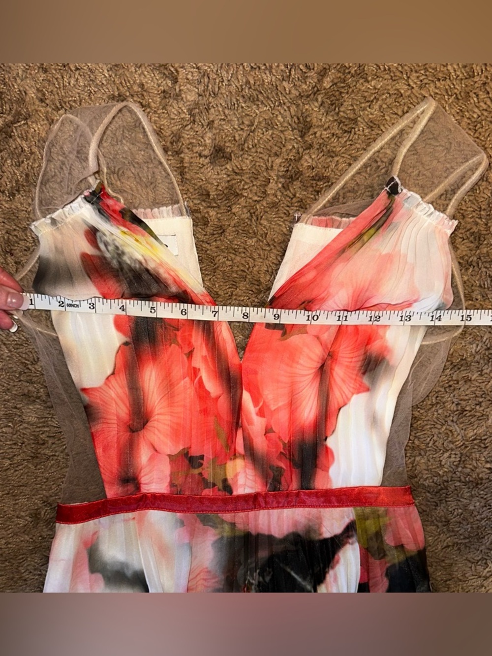 Bebe High Low Chiffon Pleated Maxi Dress Floral Illusion Sheer Dress 4 NWT - Picture 15 of 16
